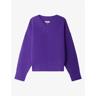 Sandro Womens Ribbed-knit V-neck Wool And Cashmere Jumper Purple