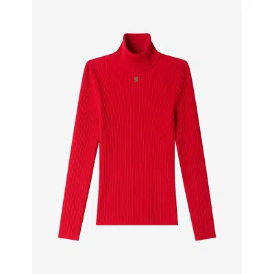 Sandro Womens Rollneck Cable-knit Wool-blend Jumper Green In Red