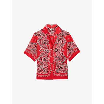 SANDRO WOMENS ROUGES BANDANA-PRINT SHORT-SLEEVED SILK SHIRT