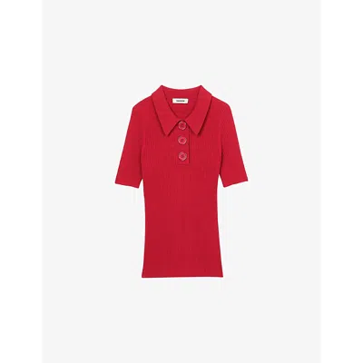 Sandro Womens  Ribbed Slim-fit Knitted Polo Shirt In Rouges