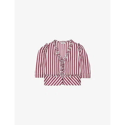 SANDRO WOMENS ROUGES STRIPED RUFFLE-TRIM WOVEN SHIRT