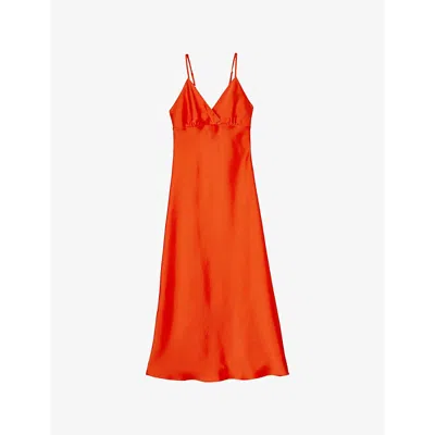 Sandro Womens V-neck Tie-back Sleeveless Satin Midi Dress Rouges