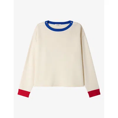 Sandro Womens Round-neck Contrast-trim Wool-blend Jumper Ecru In Yellow