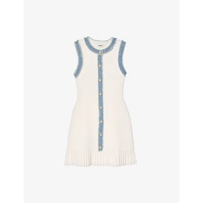 Sandro Womens Ruffle-hem Contrast-trim Stretch-knit Mini Dress Naturels