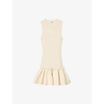 SANDRO WOMENS NATURELS RUFFLE-HEM ROUND-NECK KNITTED MINI DRESS