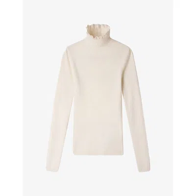 Sandro Womens Ruffled Roll-neck Wool-blend Jumper Ecru In White