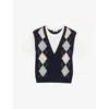 Sandro Womens Navy Blue Argyle Layered-effect Wool And Cashmere-blend Jumper In Blue