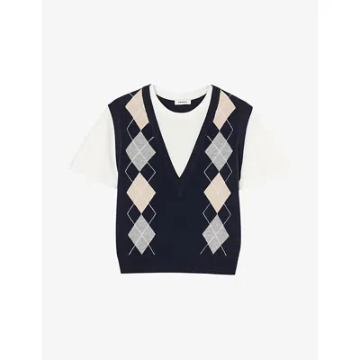 SANDRO WOMENS NAVY BLUE ARGYLE LAYERED-EFFECT WOOL AND CASHMERE-BLEND JUMPER