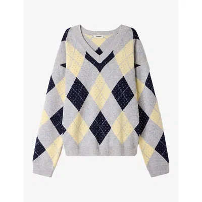 Sandro Womens  Argyle Rhinestone-embellished Wool Jumper In Gray