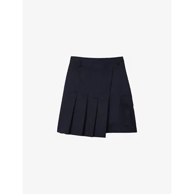 Sandro Womens Bleus Asymmetric-front Pleated Woven Mini Skirt