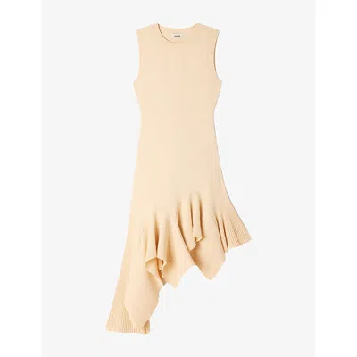 Sandro Womens  Asymmetric Sleeveless Knitted Mini Dress In Vanilla