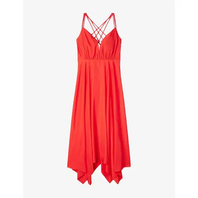 Sandro Womens Red Asymmetric V-neck Woven Maxi Dress
