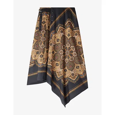 Sandro Portobello Asymmetrical Scarf Print Skirt In Brown