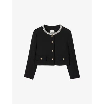SANDRO WOMENS NOIR / GRIS BEAD-EMBELLISHED CROPPED STRETCH-WOVEN JACKET