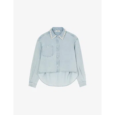 Sandro Womens  Beaded-collar Cropped Denim Shirt In Denim - Jean