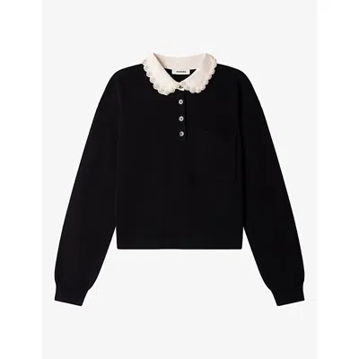 Sandro Womens  Beaded Polo-collar Wool-blend Jumper In Black