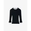 Sandro Womens Navy Blue Brand-plaque Layered-trim Knitted Jumper