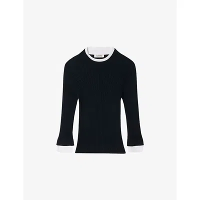 Sandro Womens Navy Blue Brand-plaque Layered-trim Knitted Jumper