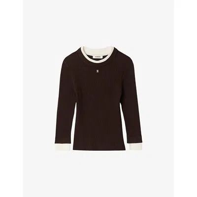 Sandro Womens Brown Brand-plaque Layered-trim Knitted Jumper