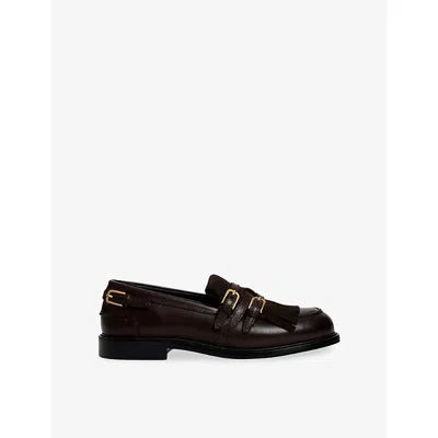 Sandro Womens  Buckle Flat Leather Loafers In Brown