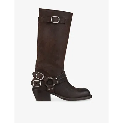 SANDRO WOMENS BROWN BUCKLE SUEDE HEELED KNEE-HIGH BOOTS EUR 40 / 7 UK