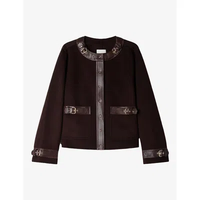 Sandro Womens  Buckle-embellished Leather-trim Wool-blend Jacket In Brown