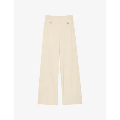 Sandro Womens  Button-embellished Wide-leg High-rise Cotton Trousers In Naturels