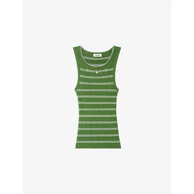 Sandro Womens  Charm-embellished Striped Knitted Vest Top In Green / Ecru