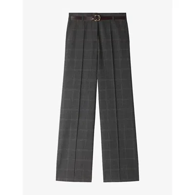 Sandro Womens  Checked Belted-waist Stretch Wool-blend Trousers In Gray