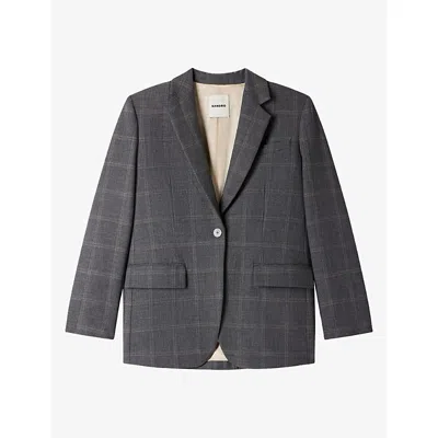 Sandro Womens  Checked Lapel-collar Stretch Wool-blend Jacket In Gray