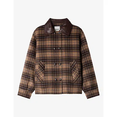 Sandro Womens  Checked Leather-collar Wool-blend Coat In Brown