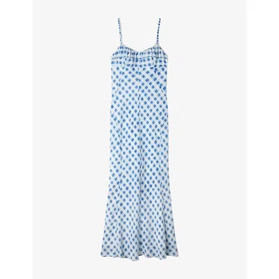 Sandro Womens  Checked Ruched Linen-blend Maxi Dress In Blue