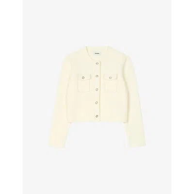 Sandro Womens Chest-pocket Ribbed Knitted Cardigan Naturels