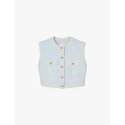 Sandro Womens Chest-pocket Tweed Woven Vest Bleus
