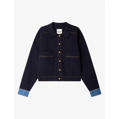 Sandro Womens  Collared Denim-cuff Knitted Jacket-style Cardigan In Navy Blue