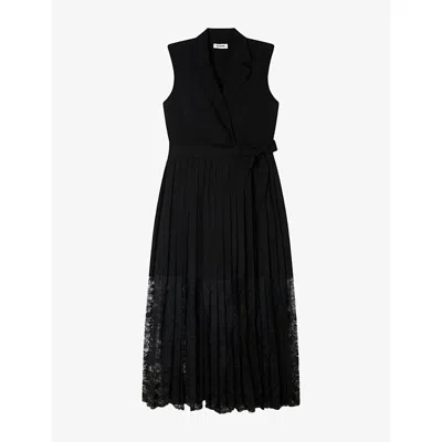 Sandro Womens Black Collared Lace-embroidered Woven Maxi Dress