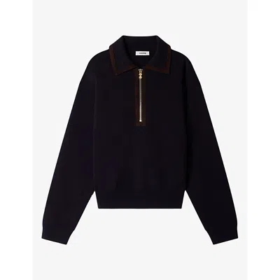 Sandro Womens  Collared Long-sleeve Wool-blend Jumper In Black
