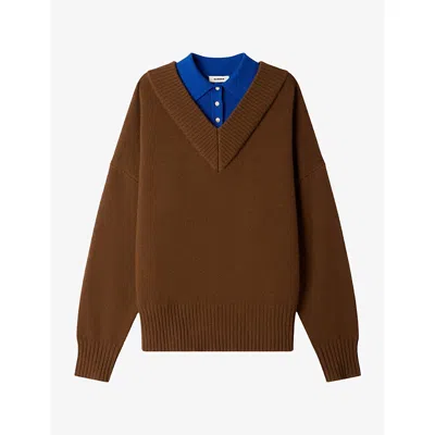 Sandro Womens  Collared Two-in-one Wool And Cashmere-blend Jumper In Brown