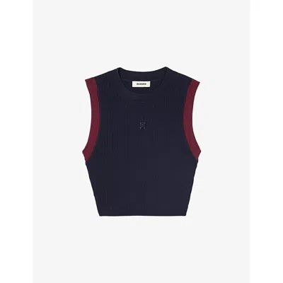 Sandro Womens Navy Blue Contrast-trim Cropped Stretch-knit Top