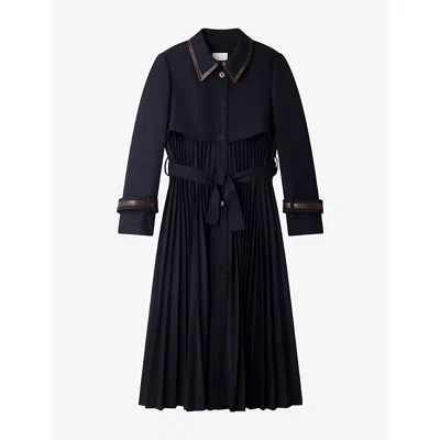 Sandro Womens  Contrast-collar Belted Wool-blend Trench Coat In Navy Blue
