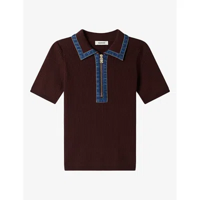 Sandro Womens  Contrast-collar Slim-fit Wool-blend Jumper In Brown