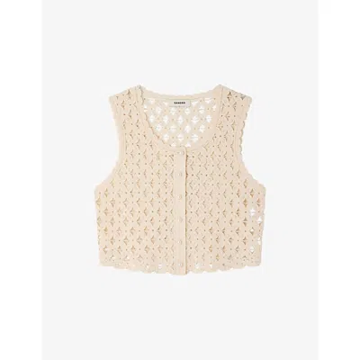 Sandro Womens Ecru Cropped Bead-embellished Crochet Cardigan In Neutral