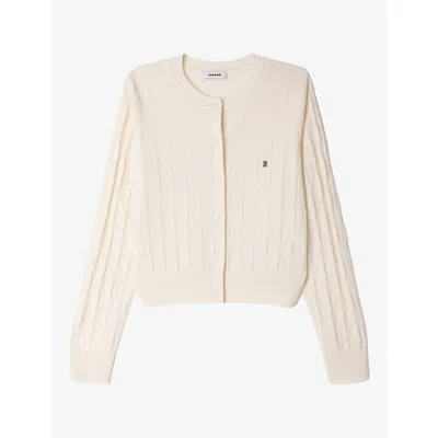 Sandro Womens  Cropped Check-stitch Wool Cardigan In Ecru