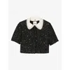 Sandro Womens Black Cropped Rhinestone-embellished Tweed Jacket In Black
