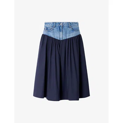 SANDRO WOMENS DENIM-PANEL FLARED COTTON MIDI SKIRT NAVY BLUE