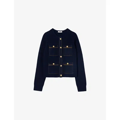 Sandro Womens Navy Blue Denim-pocket Ribbed Wool Cardigan
