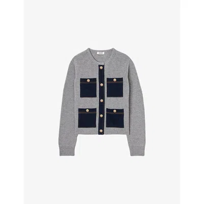 Sandro Womens Grey Denim-pocket Ribbed Wool Cardigan In Gray