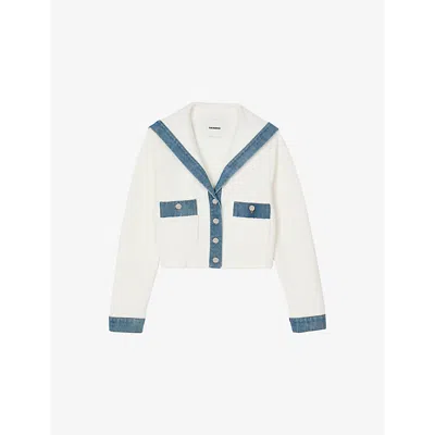 Sandro Womens Naturels Denim-trim Knitted Cotton-blend Cardigan