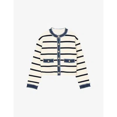 Sandro Womens Denim-trim Stripe-pattern Knitted Cardigan Naturels