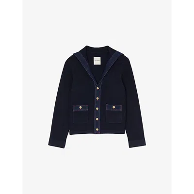 Sandro Womens Denim-trim Terry-knit Cotton-blend Cardigan Bleus